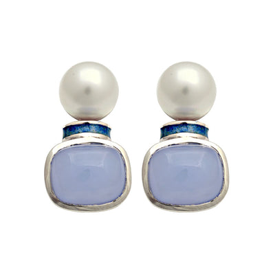 Earrings - Chalcedony And South Sea Pearl (Enamel)