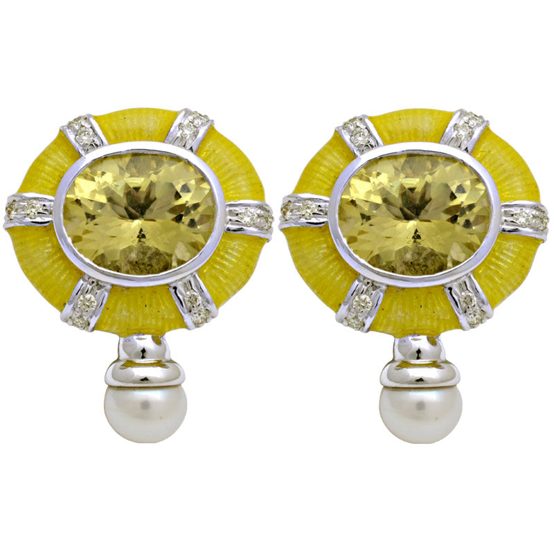 Earrings - Lemon Quartz, Fresh Water Pearl and Diamond (Enamel) | Singhvi Jewels