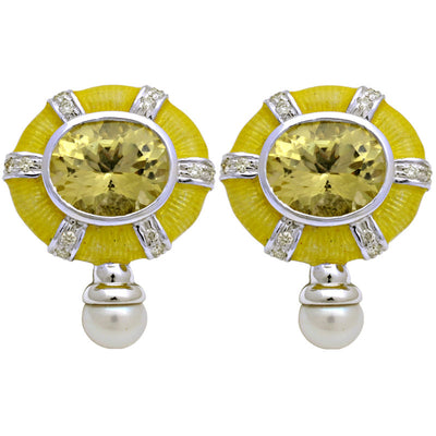 Earrings - Lemon Quartz, Freshwater Pearl And Diamond (Enamel)