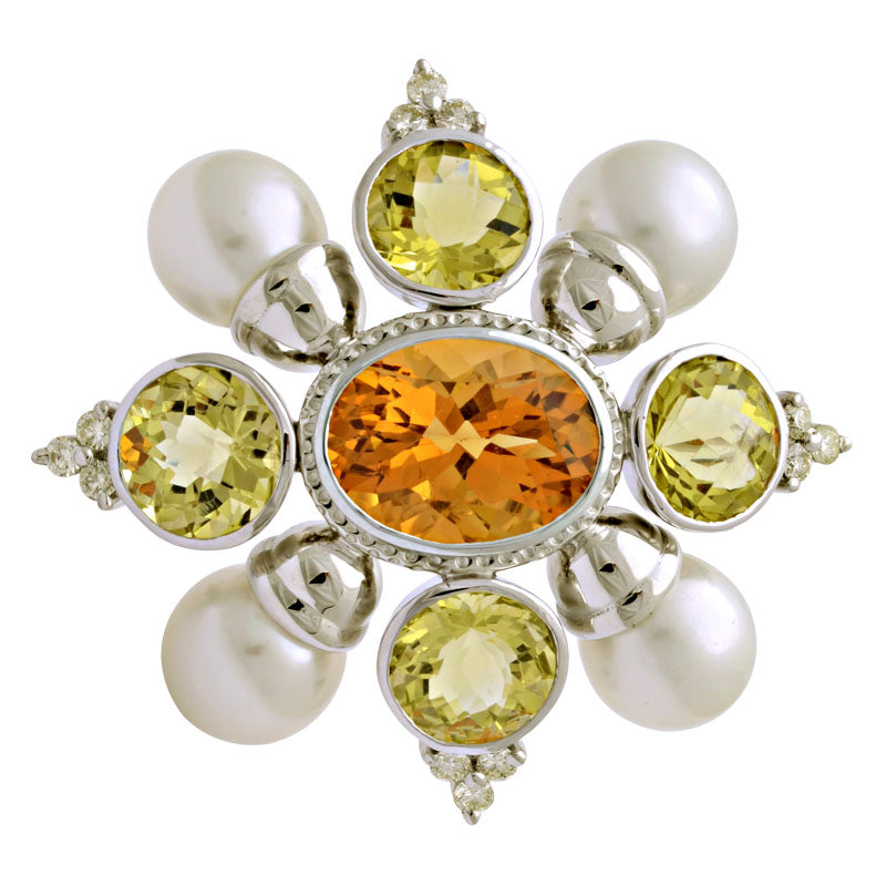 Brooch - Citrine, Lemon Quartz, South Sea Pearl and Diamond | Singhvi Jewels