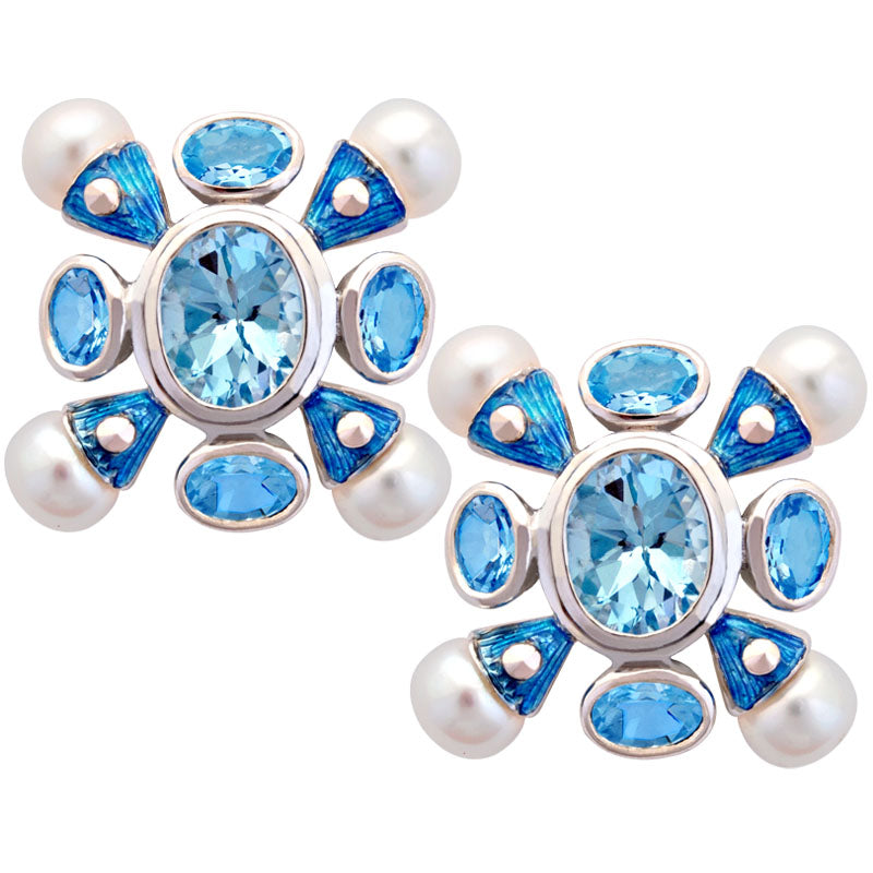 Earrings-Aquamarine, Blue Topaz and Pearl (Enamel)
