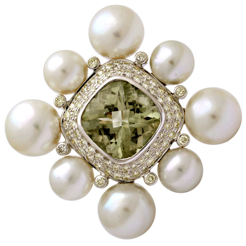 Brooch - Green Quartz, South Sea Pearl and Diamond | Singhvi Jewels