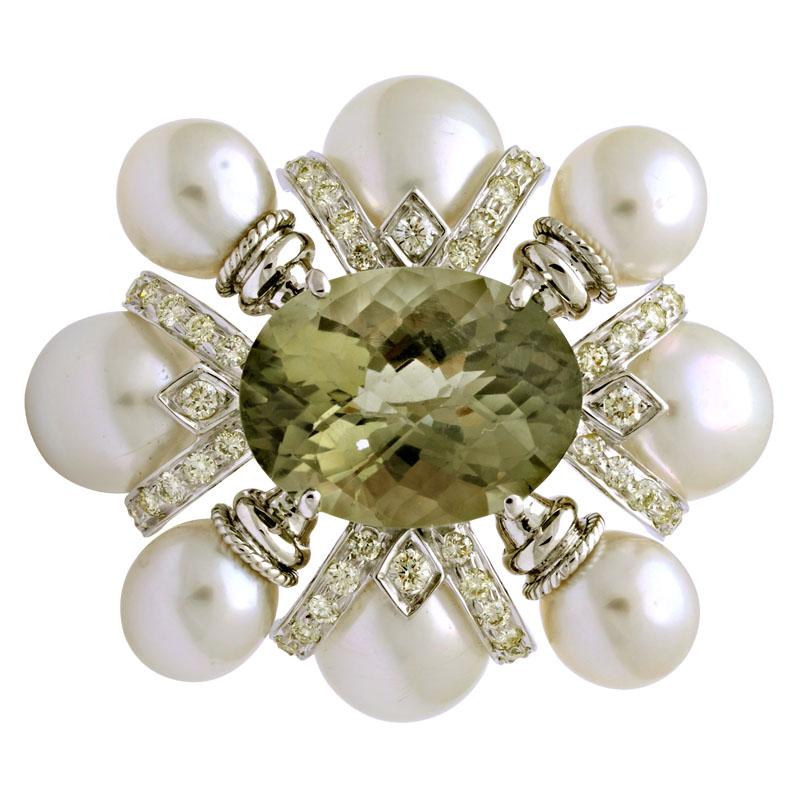 Brooch-Green Quartz, South Sea Pearl and Diamond (132CS) | Singhvi Jewels