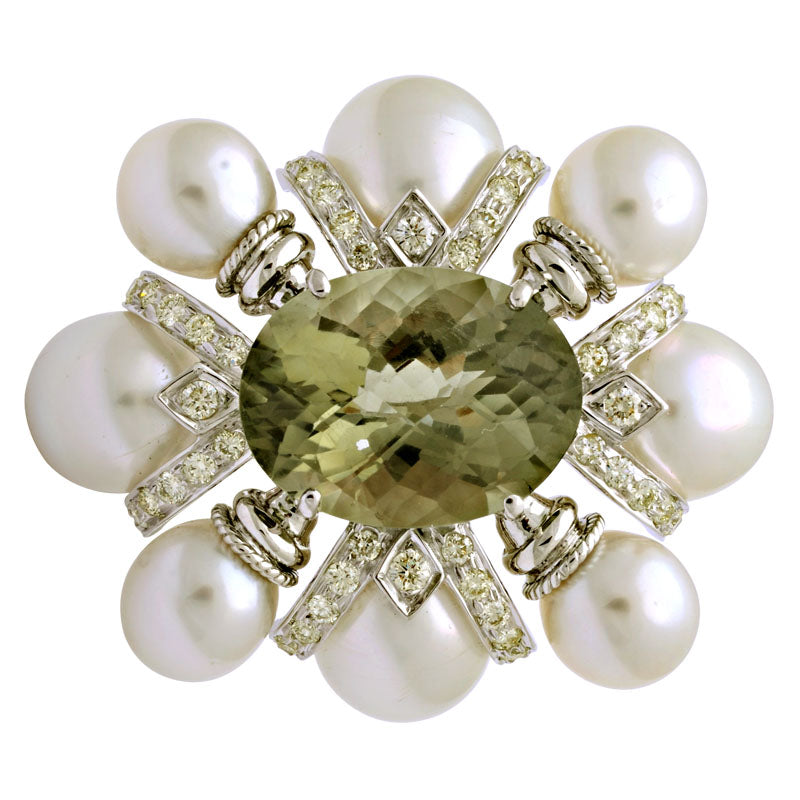 Brooch - Green Quartz, South Sea Pearl and Diamond | Singhvi Jewels