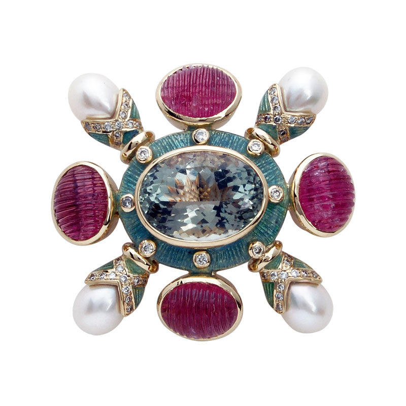 Brooch - Green Quartz, Rubellite, Pearl and Diamond (Enamel) | Singhvi Jewels