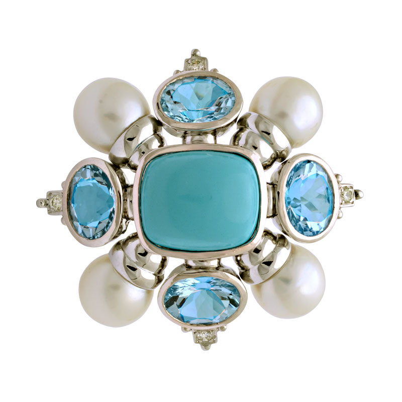 Brooch - Turquoise, Blue Topaz, South Sea Pearl and Diamond | Singhvi Jewels