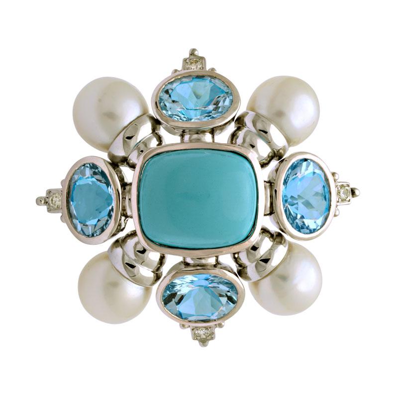 Brooch-Turquoise, Blue Topaz, South Sea Pearl and Diamond