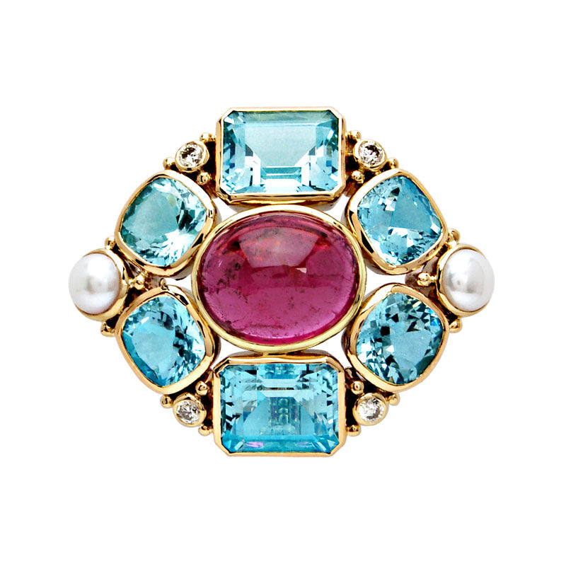 Brooch - Aquamarine, Rubellite, Pearl and Diamond | Singhvi Jewels