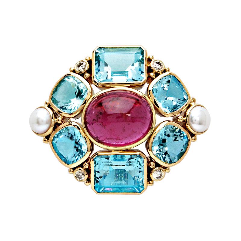 Brooch-Aquamarine, Rubellite, Pearl and Diamond (1343I) | Singhvi Jewels