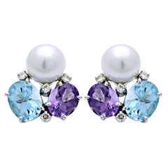 Earrings-Amethyst, Blue Topaz, South Sea Pearl and Diamond