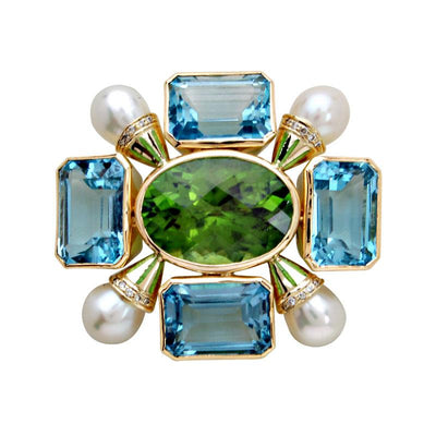 Brooch - Peridot, Blue Topaz, Pearl And Diamond (Enamel) (1360H)