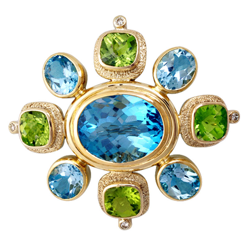 Brooch - Blue Topaz, Peridot and Diamond | Singhvi Jewels