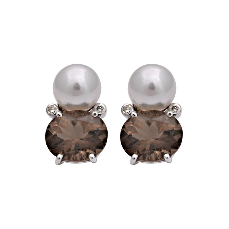 Earrings-Smokey Quartz, South Sea Pearl and Diamond