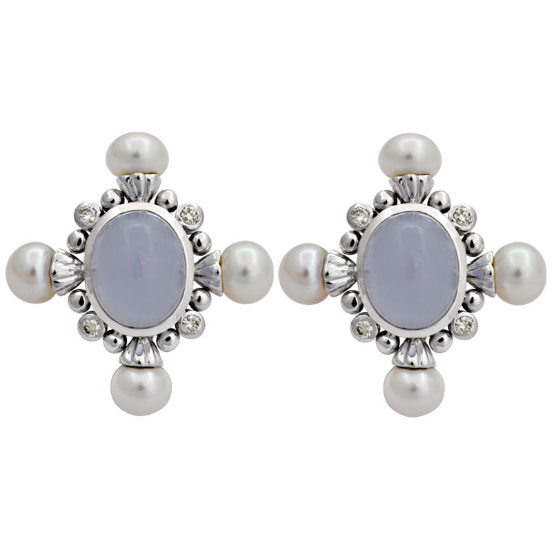 Earrings-Chalcedony, Fresh Water Pearl and Diamond