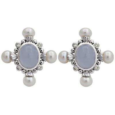 Earrings - Chalcedony, Freshwater Pearl And Diamond
