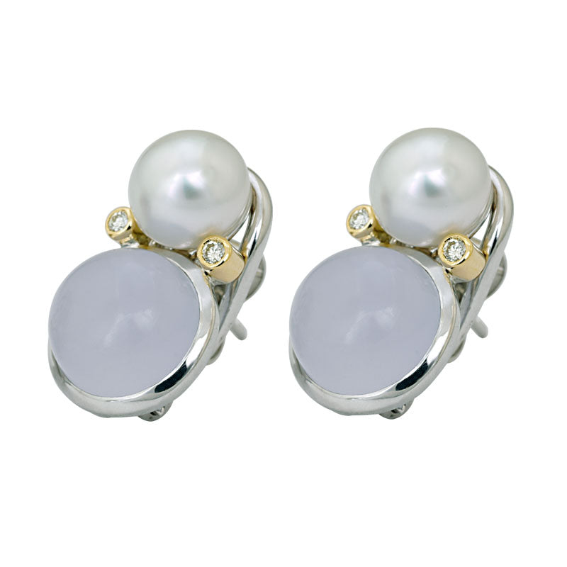 Earrings- Chalcedony, South Sea Pearl and Diamond