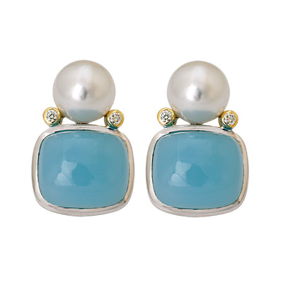 Earrings- Chalcedony, South Sea Pearl and Diamond