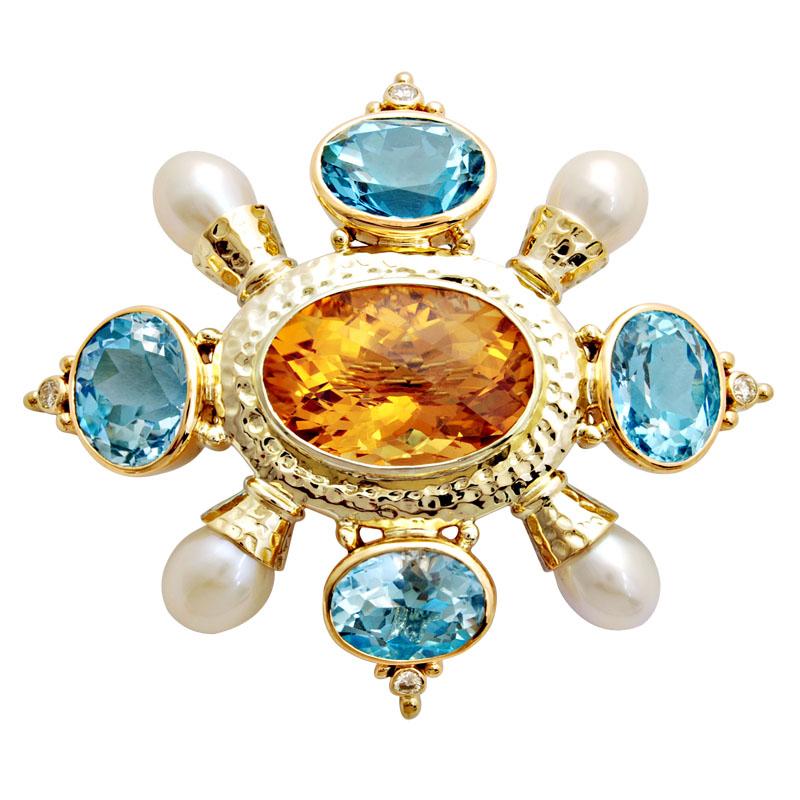 Brooch-Citrine, Blue Topaz, Pearl and Diamond (1513C) | Singhvi Jewels