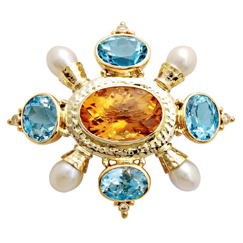 Brooch-Citrine, Blue Topaz, Pearl and Diamond