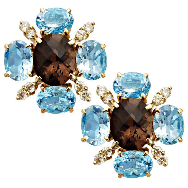 Earrings-Aquamarine, Smokey Quartz and Diamond
