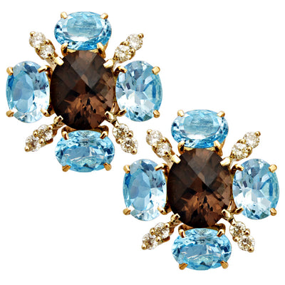 Earrings - Aquamarine, Smoky Quartz And Diamond