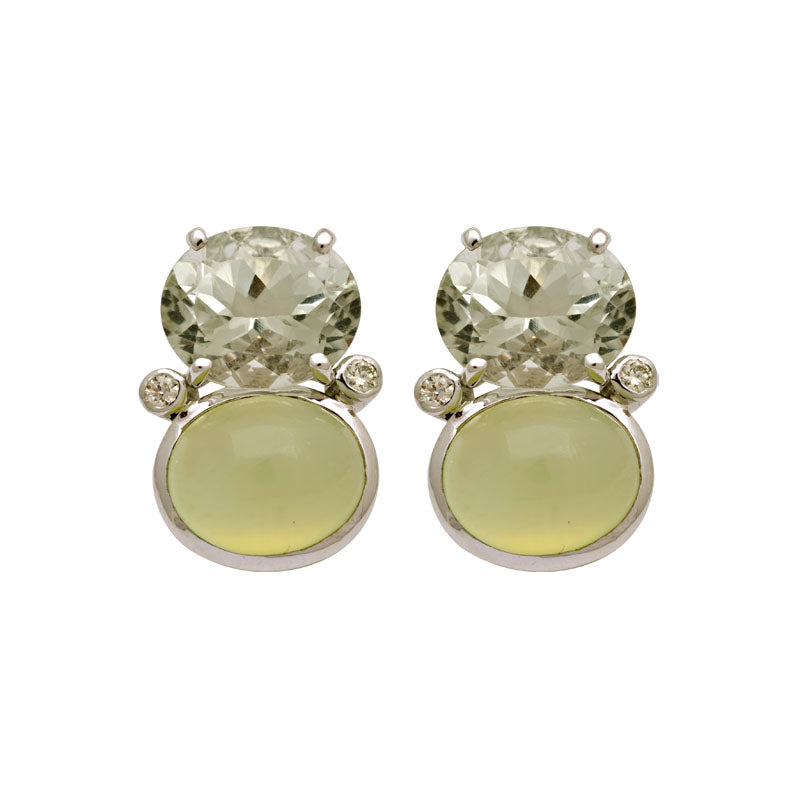 Earrings-Prehnite, Green Quartz and Diamond