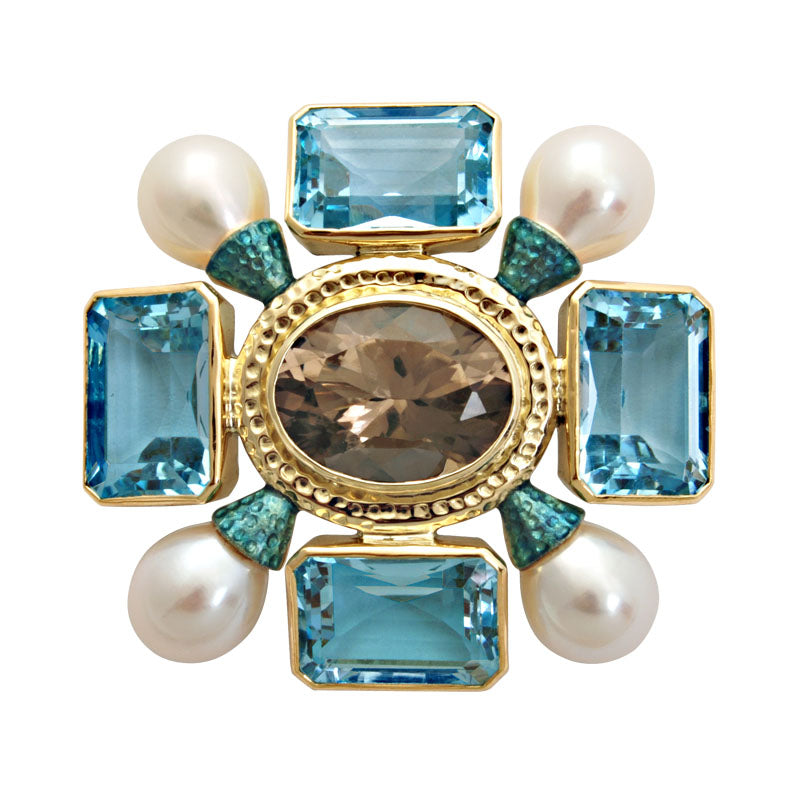 Brooch - Smokey Quartz, Blue Topaz and Pearl (Enamel) | Singhvi Jewels