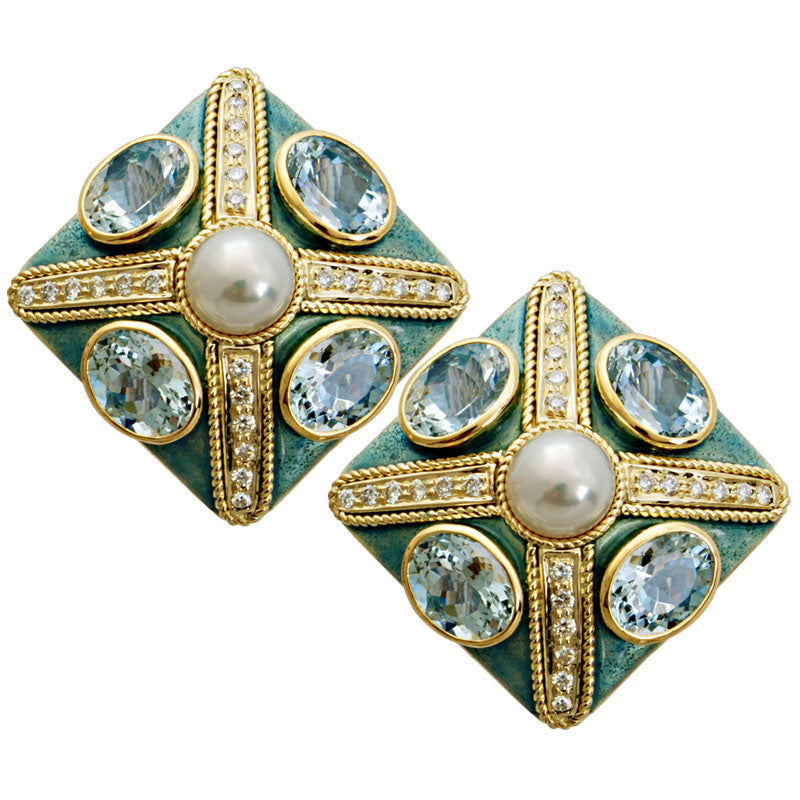 Earrings-Aquamarine, Pearl and Diamond (Enamel)