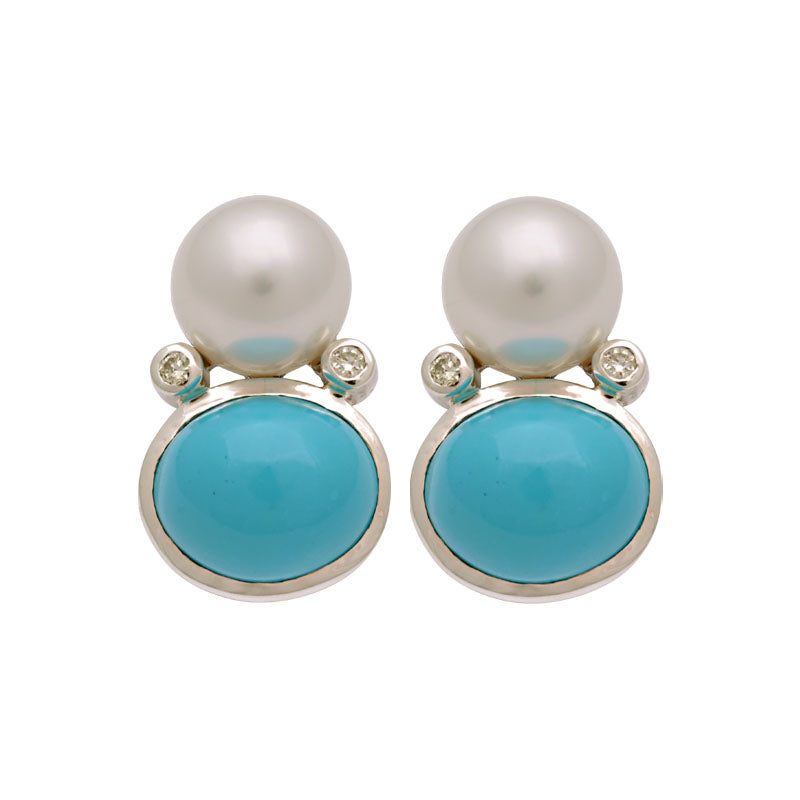 Earrings-Synthetic Turquoise, South Sea Pearl and Diamond