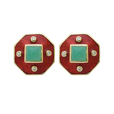 Earrings - Chrysoprase And Diamond (Enamel) (11LM)