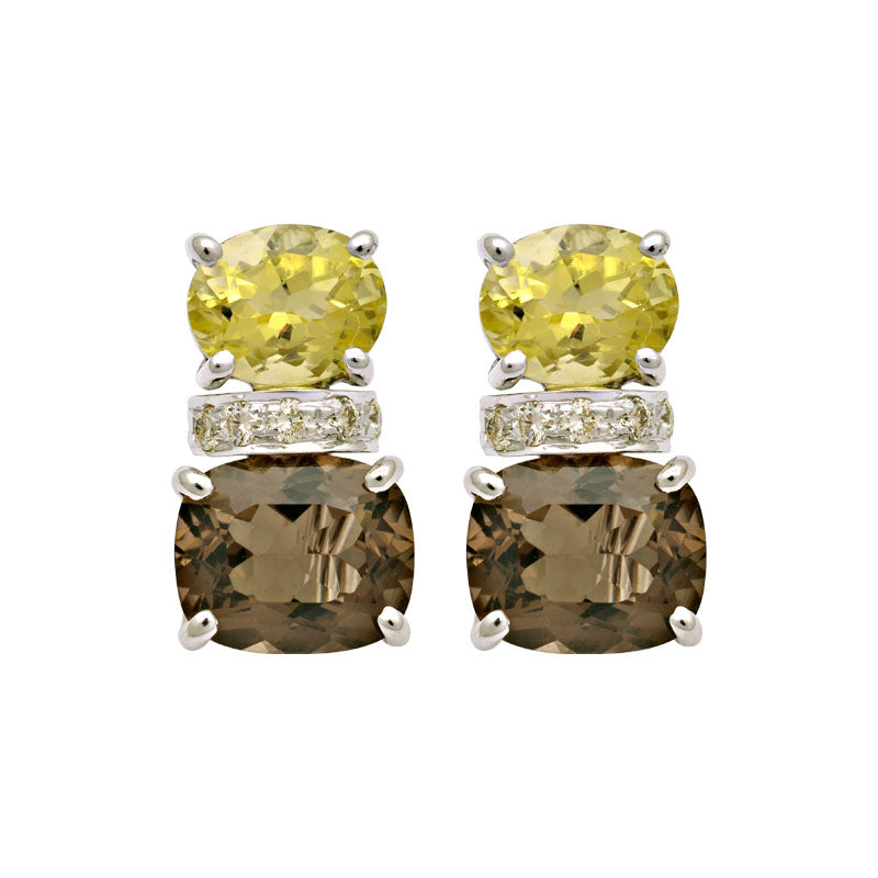 Earrings-Lemon Quartz, Smokey Quartz and Diamond