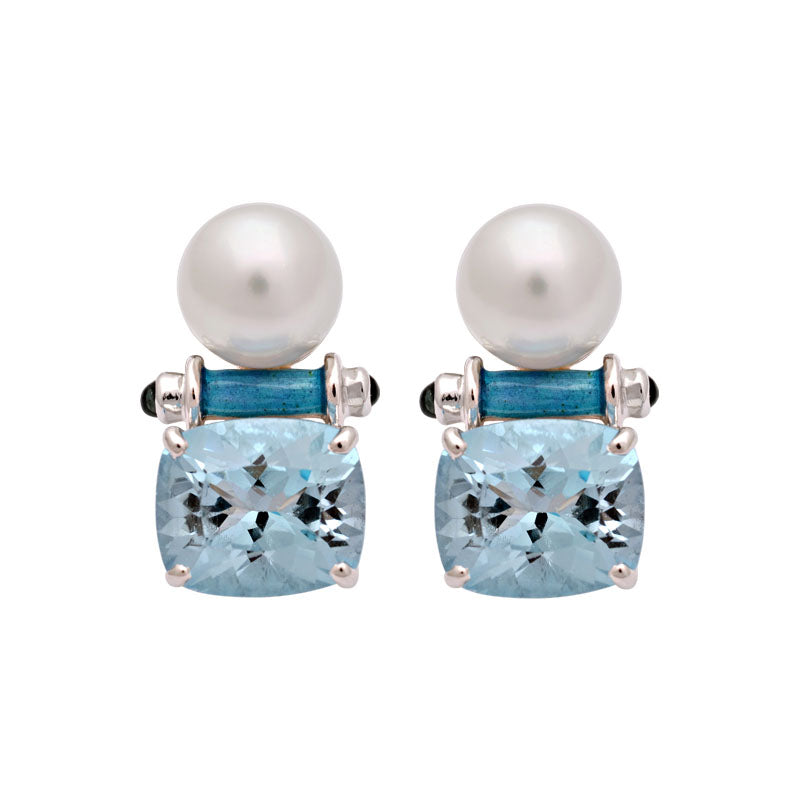 Earrings-Blue Topaz, Iolite and South Sea Pearl (Enamel)