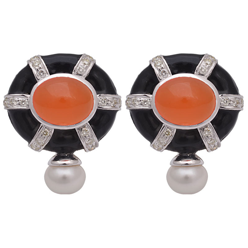Earrings - Cornelian, Fresh Water Pearl and Diamond (Enamel) | Singhvi Jewels