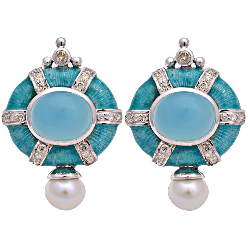 Earrings-Chalcedony, Fresh Water Pearl and Diamond (Enamel) | Singhvi Jewels