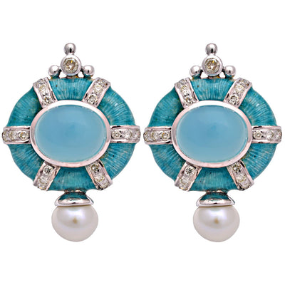 Earrings - Chalcedony, Fresh Water Pearl And Diamond (Enamel)