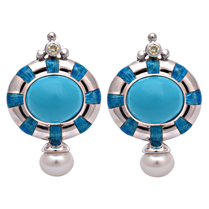 Earrings-Synthetic Turquoise, Fresh Water Pearl and Diamond (Enamel)