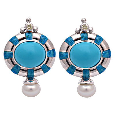 Earrings - Turquoise, Freshwater Pearl And Diamond (Enamel)
