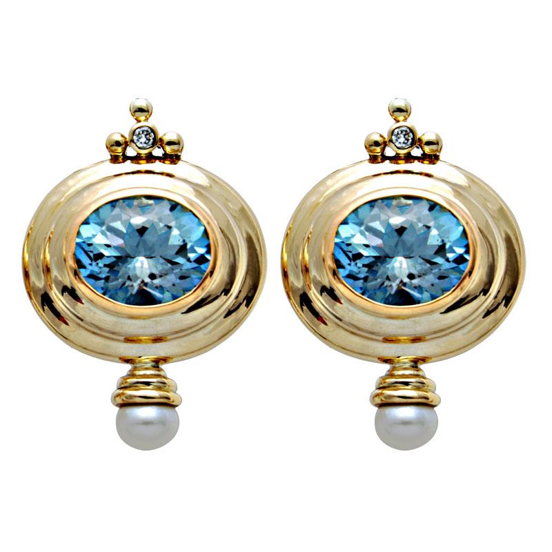 Earrings-Blue Topaz, Pearl and Diamond