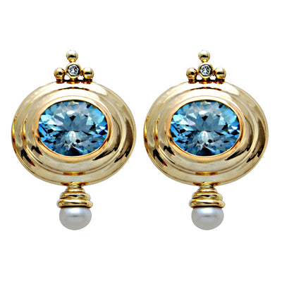 Earrings - Blue Topaz, Pearl And Diamond