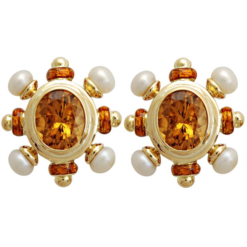Earrings-Citrine and Pearl (Enamel) (1666B) | Singhvi Jewels