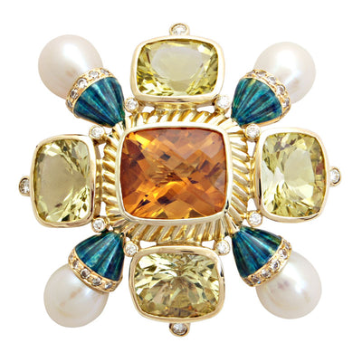 Brooch - Citrine, Lemon Quartz, Pearl And Diamond (Enamel)