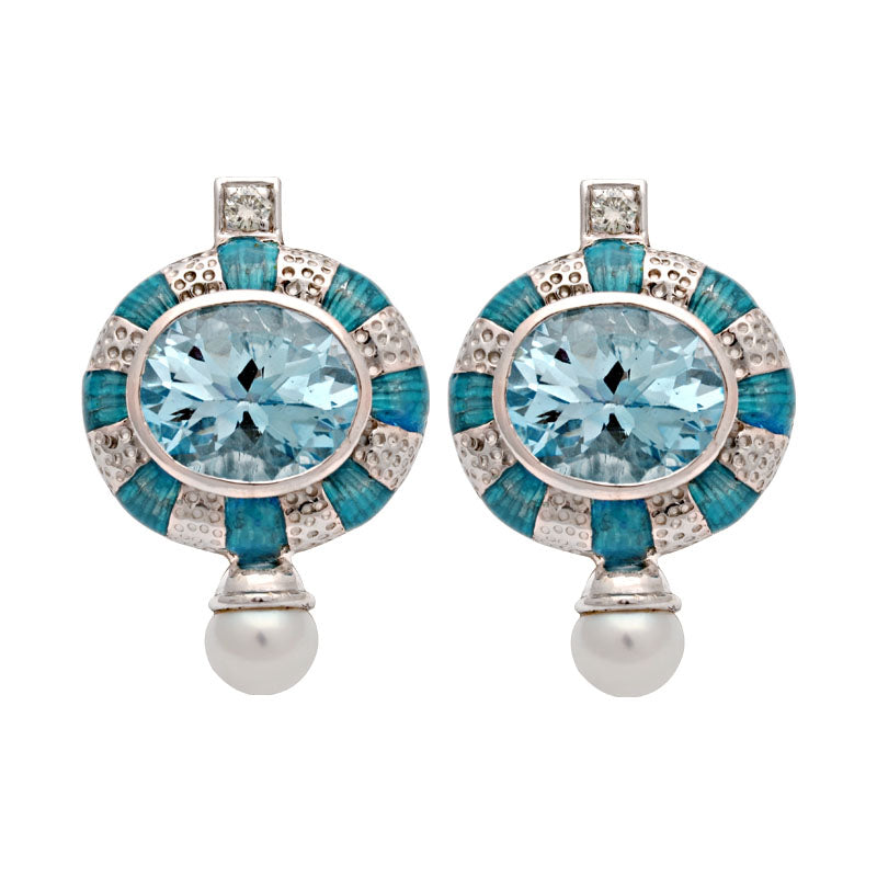 Earrings - Blue Topaz, Fresh Water Pearl and Diamond (Enamel) | Singhvi Jewels