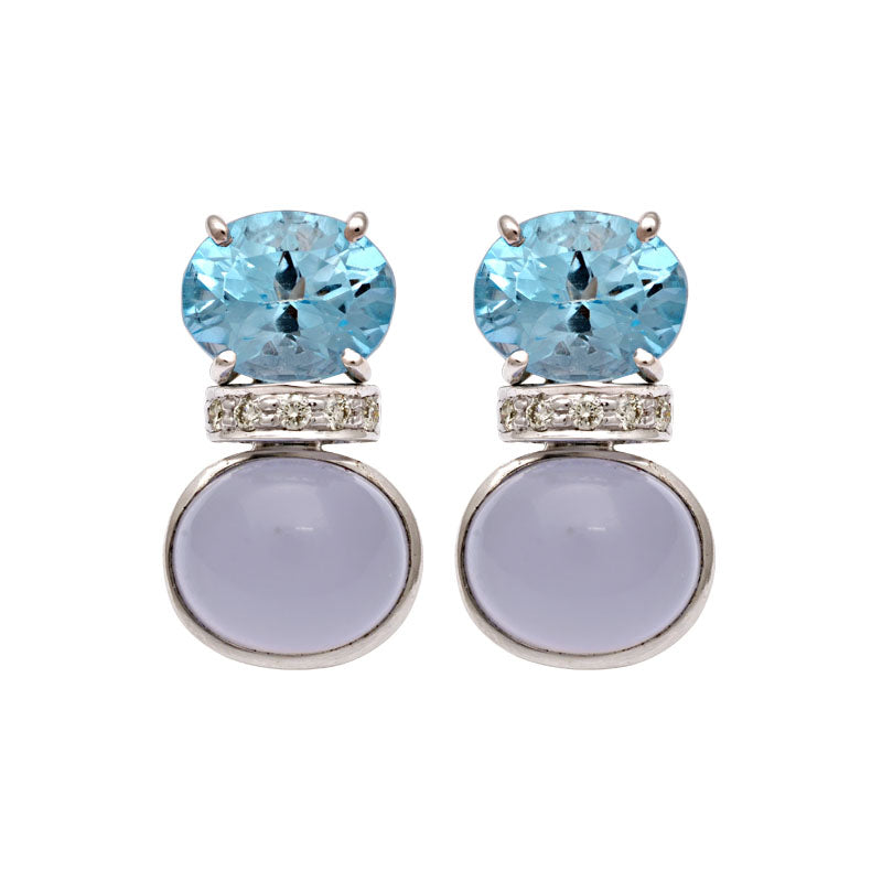 Earrings-Blue Topaz, Chalcedony and Diamond