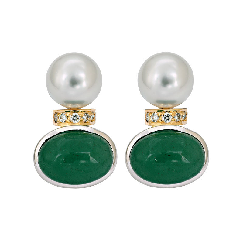 Earrings- Aventurine, South Sea Pearl and Diamond