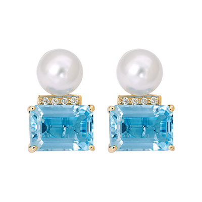 Earrings - Blue Topaz, South Sea Pearl And Diamond