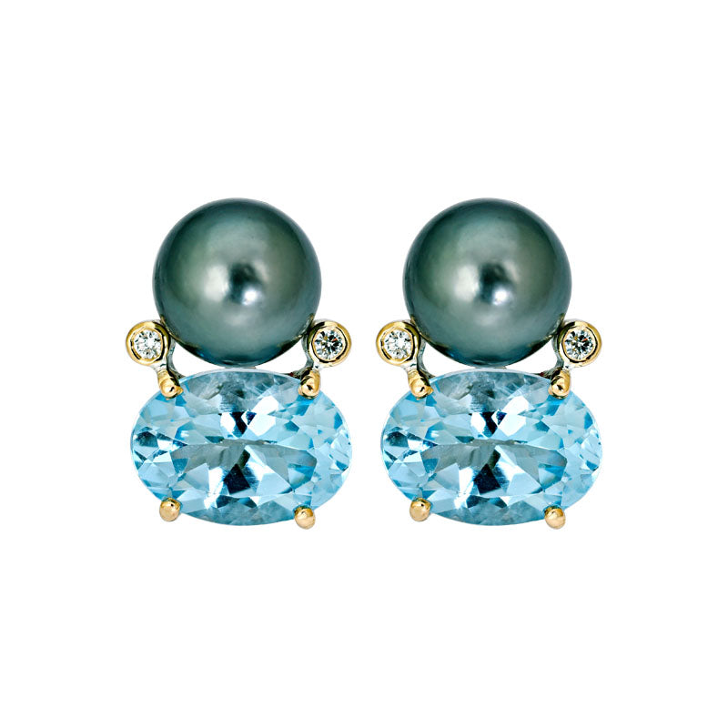 Earrings- Blue Topaz, South Sea Pearl and Diamond
