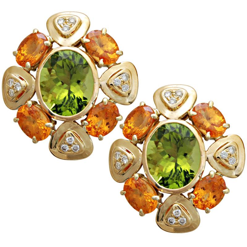 Earrings-Peridot, Orange Garnet and Diamond