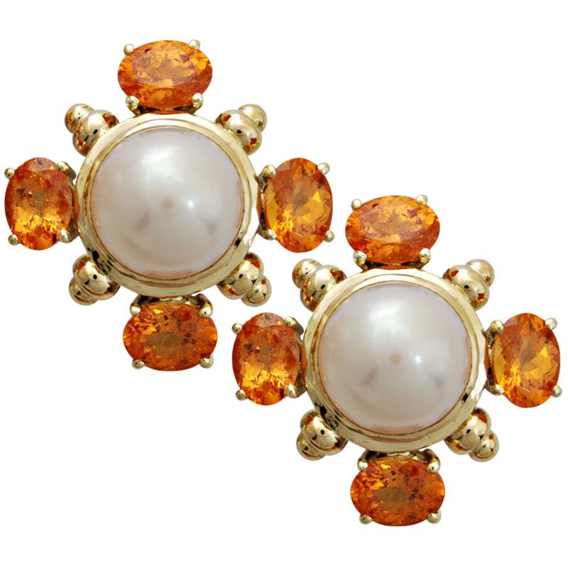 Earrings-Pearl and Orange Garnet