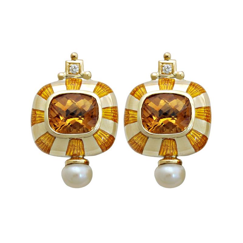 Earrings-Citrine, Pearl and Diamond (Enamel) (1714G) | Singhvi Jewels