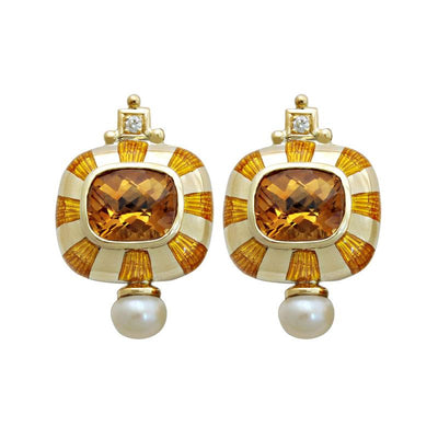Earrings - Citrine, Freshwater Pearl And Diamond (Enamel) (1714G)